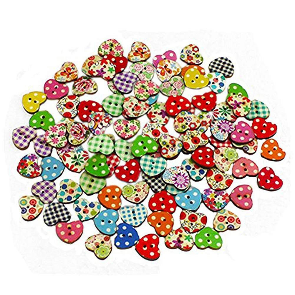 

100pcs Multicolored Heart Shaped Wedding Party Decor 2 Holes Wood Sewing Buttons