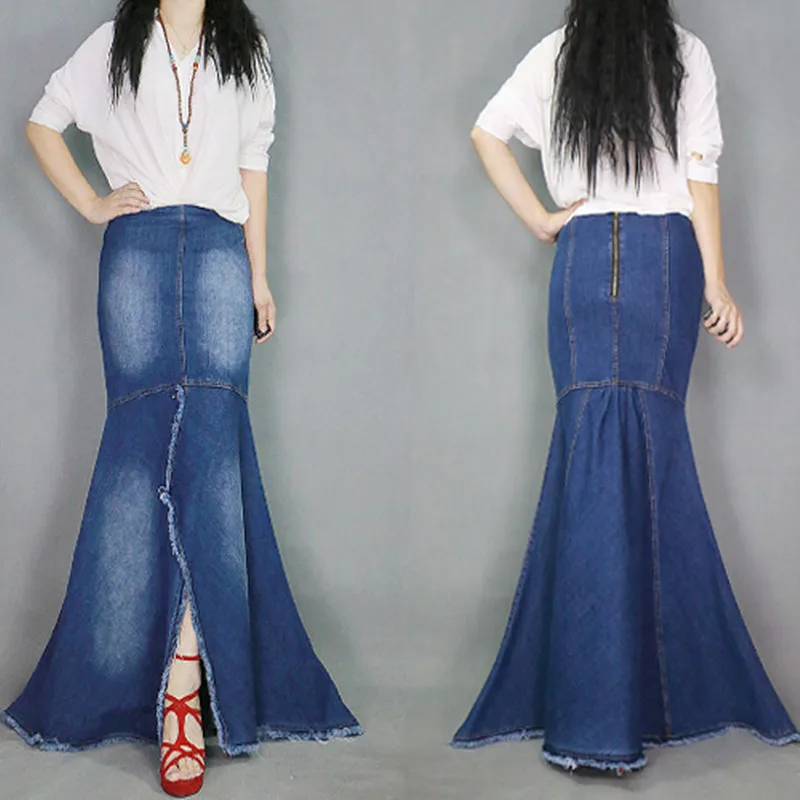 Free Shipping 2018 Blue Fashion Long Floor Length Denim Jeans Skirts ...