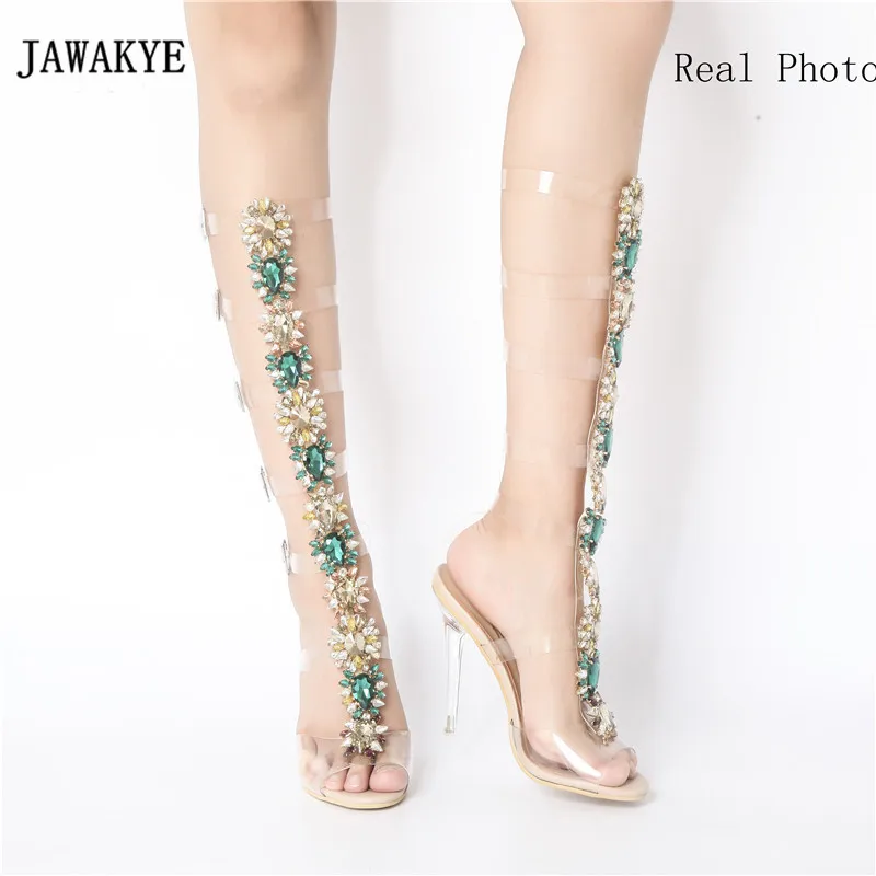 

2017 Sexy Pvc Transparent Gladiator Sandals Woman Open Toe T-strap Rhinestone Diamond Clear High Heel Shoes Women Summer Boots