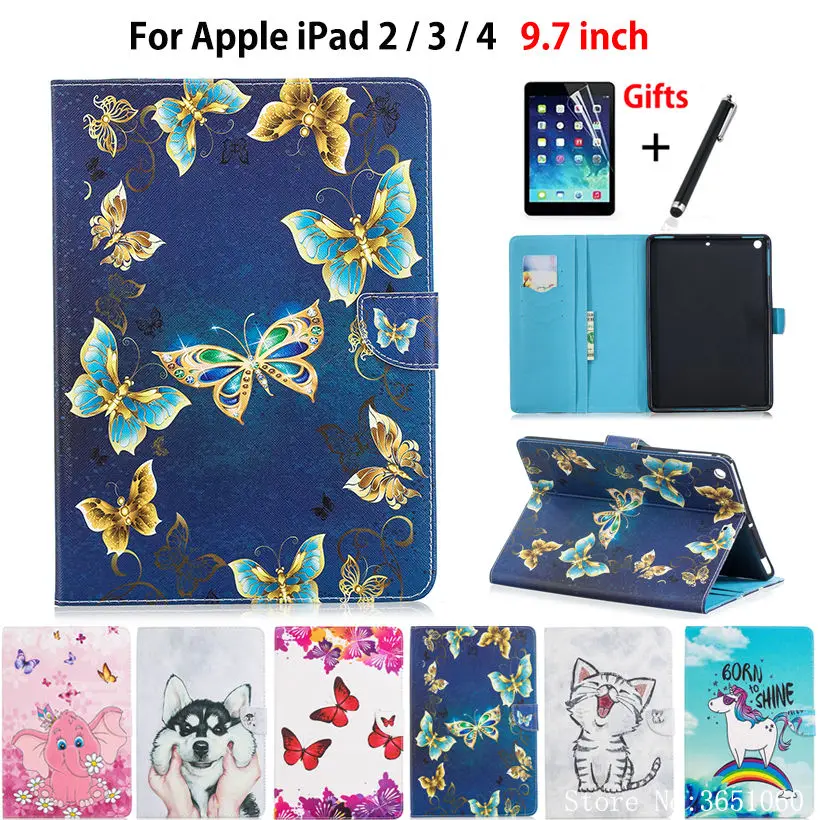 Чехол С Рисунком бабочки кота для Apple iPad 2 3 4 чехол из силикона ПУ кожи iPad2 iPad3 iPad4