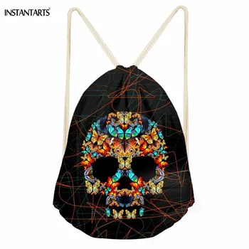 

INSTANTARTS Casual Women Drawstrings Bags Creative 3D Colorful Butterfly Skull Head Print Teen Girls Storage Backpack Travel Bag