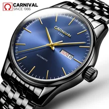 Carnival Watch Men Automatic Mechanical Black Stainless Steel Waterproof Week Date blue dial Watches