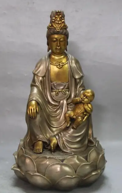 

S5232 12" Marked China Buddhism Purple Bronze 24K Gold Pure Silver Kwan-yin Boy Statue