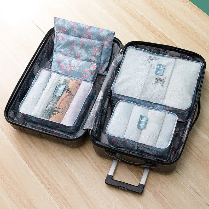 Новинка, 6 шт., дорожная сумка для хранения, сумка для хранения багажа, сумка для хранения багажа, одежда, косметичка, 6 предметов, аксессуары для путешествий - Цвет: Blue flamingo