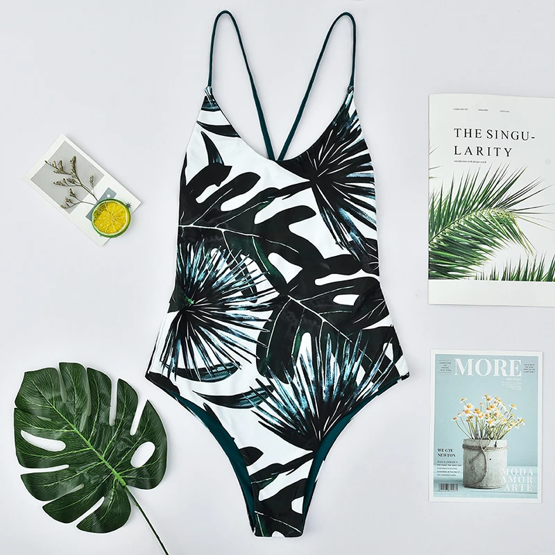 

2019 Sexy One Piece Bikini Open Back Leaf Print Bathing Suit Beach Wear Swimwear Summer Women Biquini Swimsuit Push Up Swimwear
