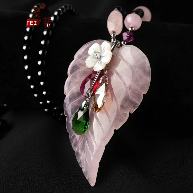 

Pink Crystal Leaf Sweater Chain Female Autumn and Winter Long Pendant Hibiscus Stone Necklace Peach Blossom