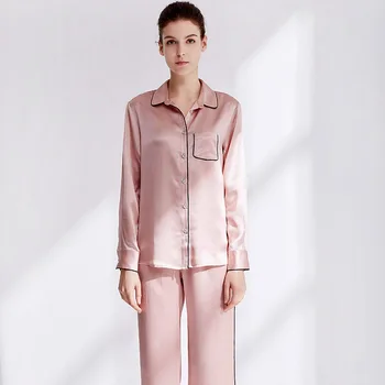 

CEARPION Elegant Female Casual Daily Home Clothes Pajamas Suit Silk Sleepwear Autumn 2pcs Shirt+pant Solid Colors Nightwear