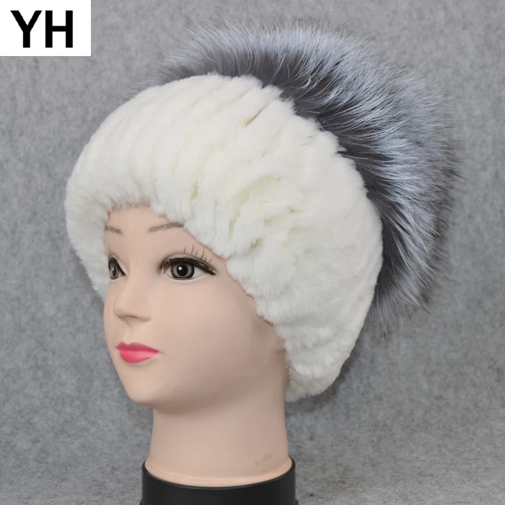 

Women Real Rex Rabbit Fur Knitted Cap Lady Warm 100% Genuine Rex Rabbit Fur Skully Hat Big Fox Fur Ball Real Fur Beanies Caps