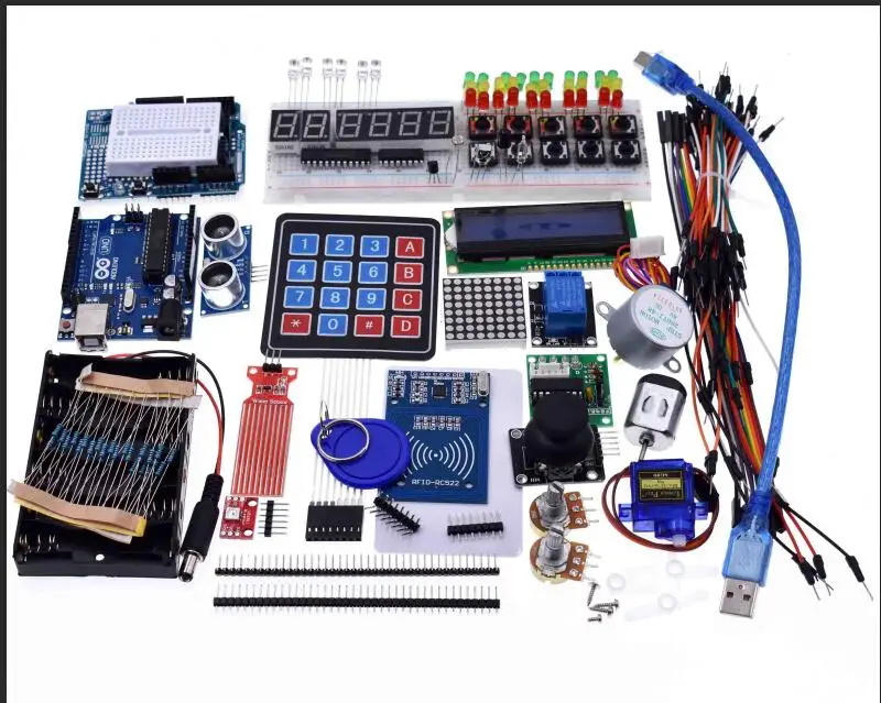 

Starter Kit for arduino Uno R3 - Uno R3 Breadboard and holder Step Motor / Servo /1602 LCD / jumper Wire/ UNO R3 with retail box