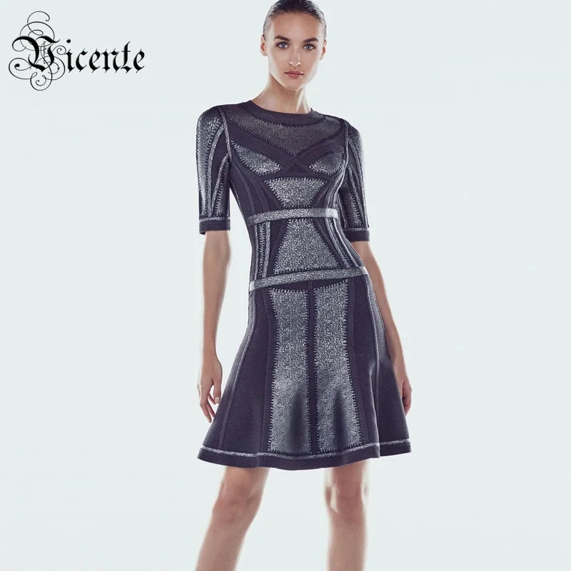 VC HOT New Fashion Elegant Oil Print Short Sleeves O Neck Wholesale Celebrity Party Wear Mini A-Line Bandage Dress