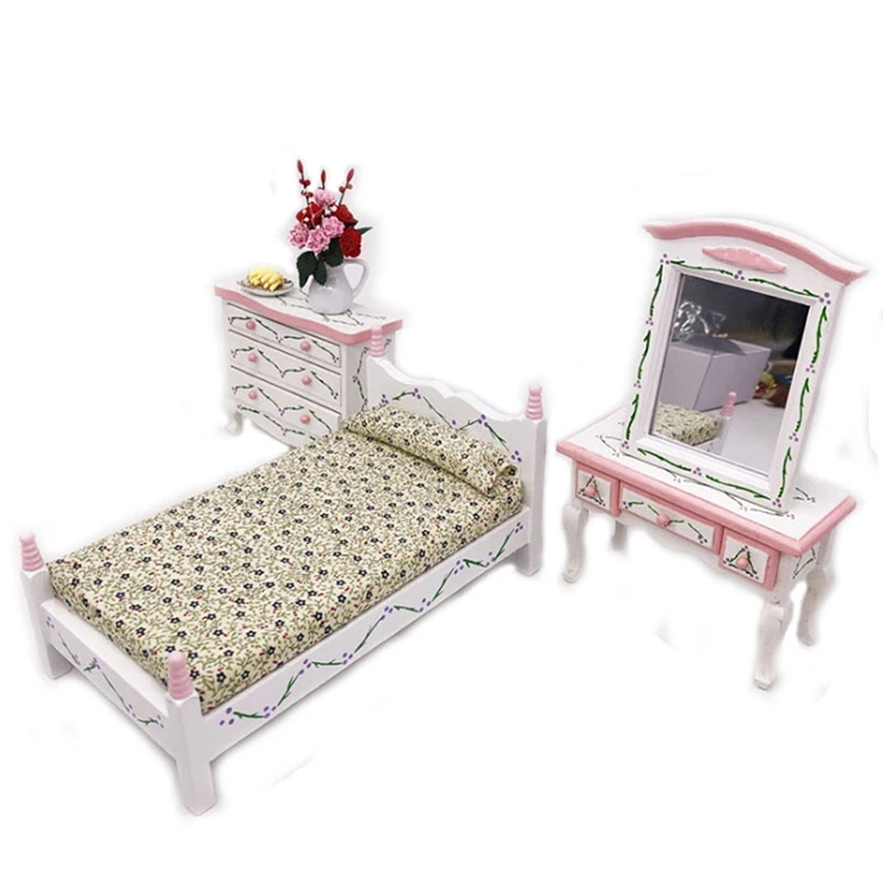 1:12 Dollhouse handicraft Mini Bed With Pillow for Dollhouse Bedroom Furniture Toy For children Doll Pretend Play Pink Color