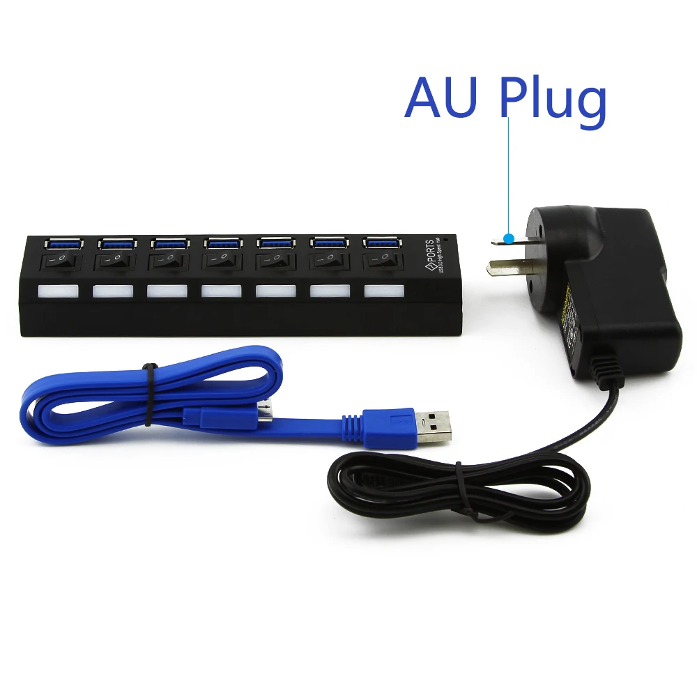4/7 портов USB концентратор 3,0 с ЕС/AU/США/Великобритания внешний адаптер питания 5 Гбит/с USB 3,0 концентратор сплиттер с переключателем ВКЛ/ВЫКЛ для ПК Аксессуары - Цвет: 7 Ports AU Plug