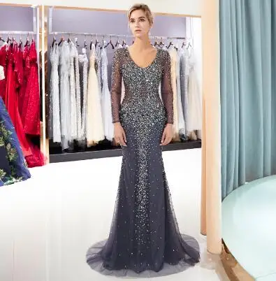 PICTURE COLOR Forevergracedress темно-синие вечерние платья Бисероплетение с длинным рукавом Формальные Вечерние платья большого размера на заказ - Цвет: PICTURE COLOR