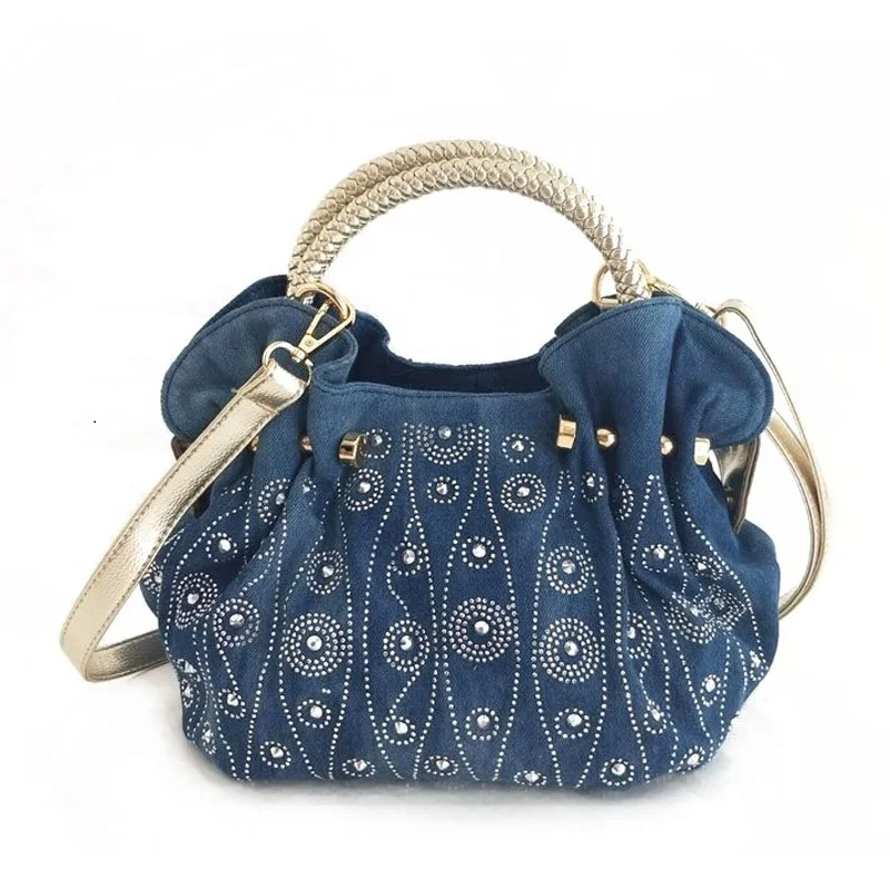 

New Vintage Hobos Women Shoulder Purse Beads Appliques Denim Jean HandBags Evening Bags Tote For Female Fashion bolsa feminina