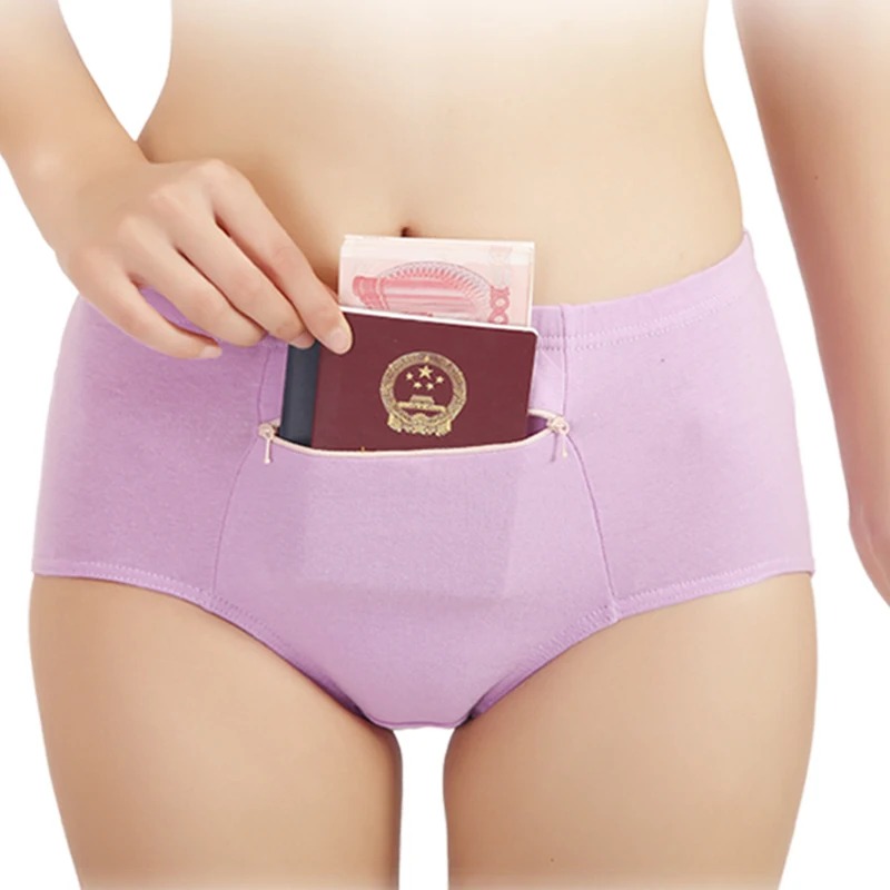 Stretch cotton panty plus size mid waist pants anti theft zipper pocket