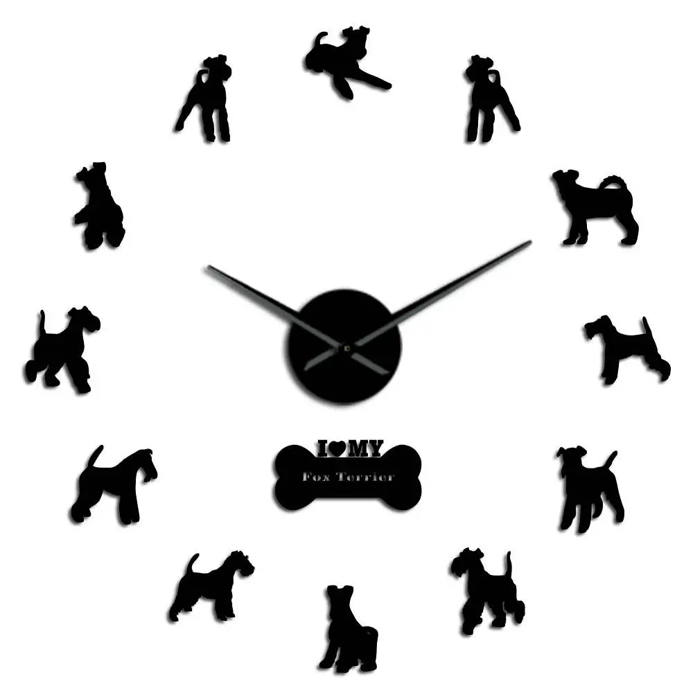Провода Фокс терьер собака Тихая кварцевые DIY настенные часы собачка силуэт подарок для любителей собак зеркальная поверхность часы Pet Shop Deco - Цвет: Black