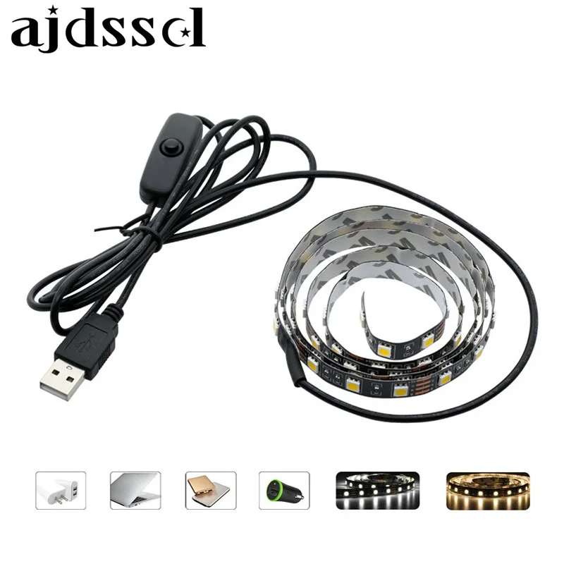 USB 5 В Светодиодные ленты 5050 ТВ фонового освещения 50 см/1 м/2 м 60 Светодиодный s/ м теплый белый/белый USB кабель с выключателем полосы набора