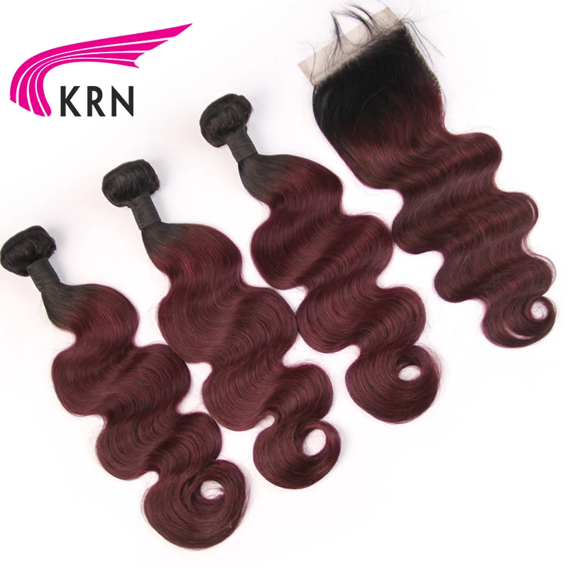 KRN 1B/99J Color Brazilian Human Hair 3 Pieces Bundles With Lace Closure Body Wave Remy Hair Extension Full End Fast Shipping