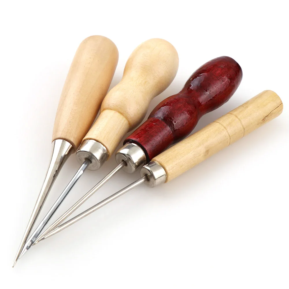 

4PCS woodsewing Leather Sewing Shoes Wood Handle Tool Awl Set Stitching Taper Leathercraft Needle Tool Kit Craft Sewing Supplies