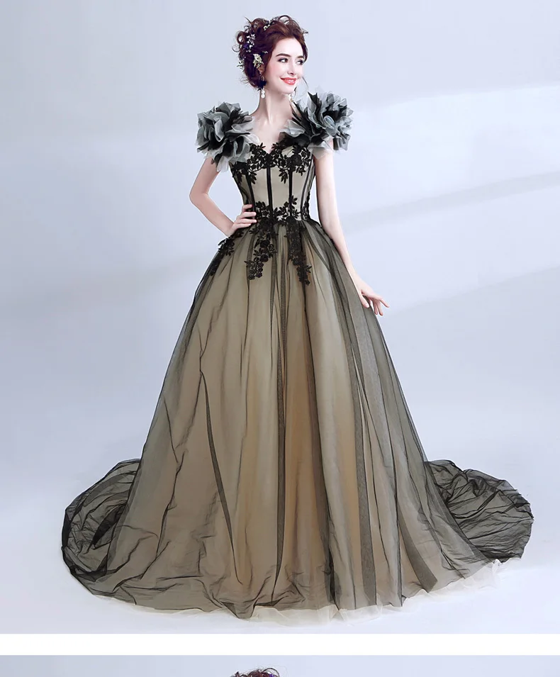 

Hot 100%real Luxury Embroidery Black Veil Medieval Dress Circle Hoop Renaissance Gown Princess Cosplay Victorian/belle Ball Gown