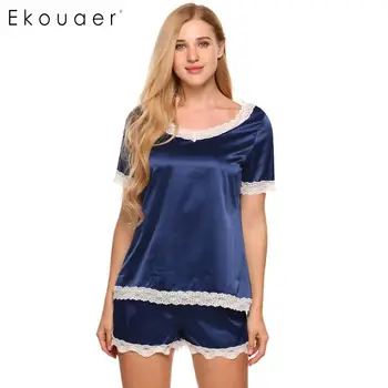 

Ekouaer Short Satin Pajamas Set Lingerie Nightwear Women V-Neck Short Sleeve Lace-Trim Tops and Shorts Female Sleepwear Sets