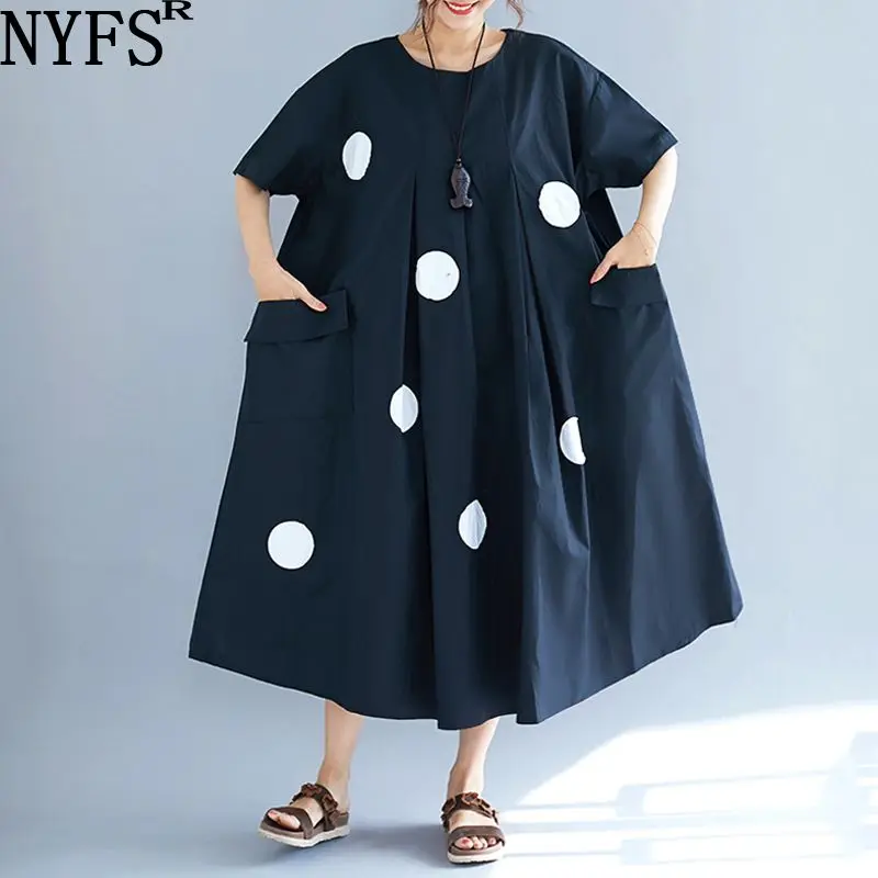 

NYFS 2019 New Summer dress Fashion Print Dot Pleated Sundress Big Size Female Lady Vestidos Loose long Dress Black Robe