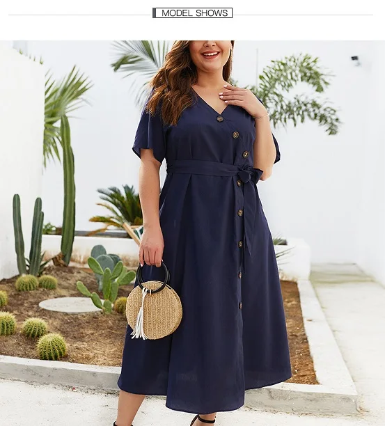 

Plus Size Dress Summer Women dress Sexy Fashion Bodycon v neck wrap solid button navy blue sashes office lady a line