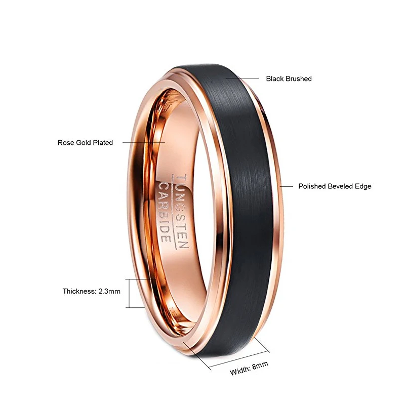 Nuncad 6 мм розовое золото цвет черный матовый Вольфрам кольца обручальные кольца для мужчин отполированный Скошенный край Размер 7-12