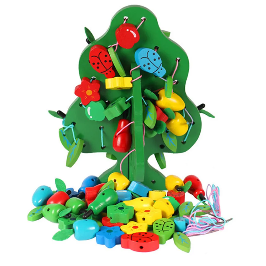 Wooden toys Children's educational toy wooden Beaded rope threading