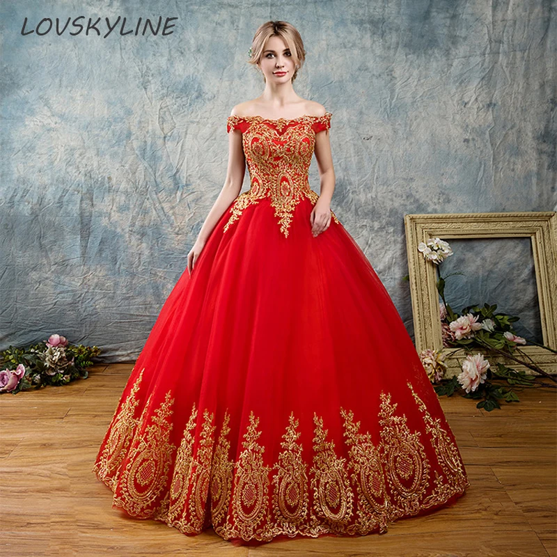

2018 Vintage Off shoulder Lace Boat Neck Red Wedding Dresses Floor length Plus Sizes Ball Gown Robe de Mariee Vestido De Noiva