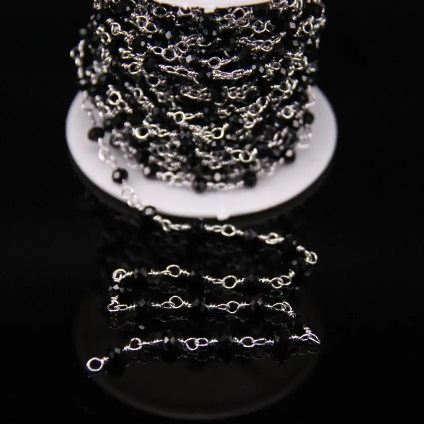 

3x4mm,Crystal Black Glass Beaded Chain,Plating Silver Wire Wrapped Rosary Chain,Faceted Rondelle DIY Bracelet Earrings
