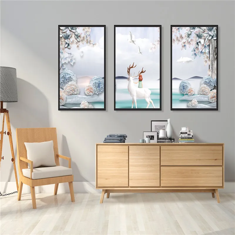 

High-grade brushed metal frame mirror triptych art decorative painting high quality 3 piece set with frame