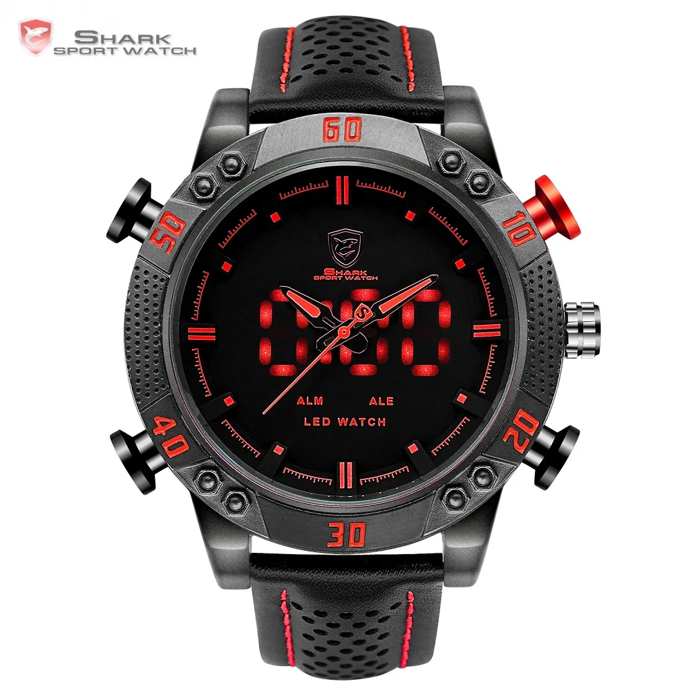 

Shark Sport Watch Men Brand Military Quartz Red men watch LED Hour Analog Digital Date Alarm Leather Wrist reloj mujer SH261