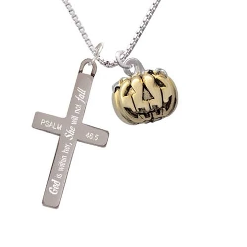 3-D Large Gold Tone Jack O' Lantern with Leaves - She will not Fall - Cross Necklace (1)