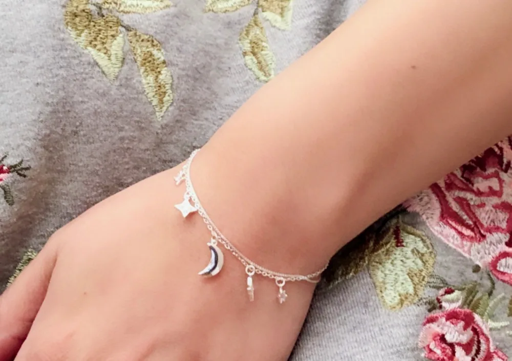 

Beautiful trendy shooting star/moon charm sterling silver bracelet with cubic zirconia stones romantic