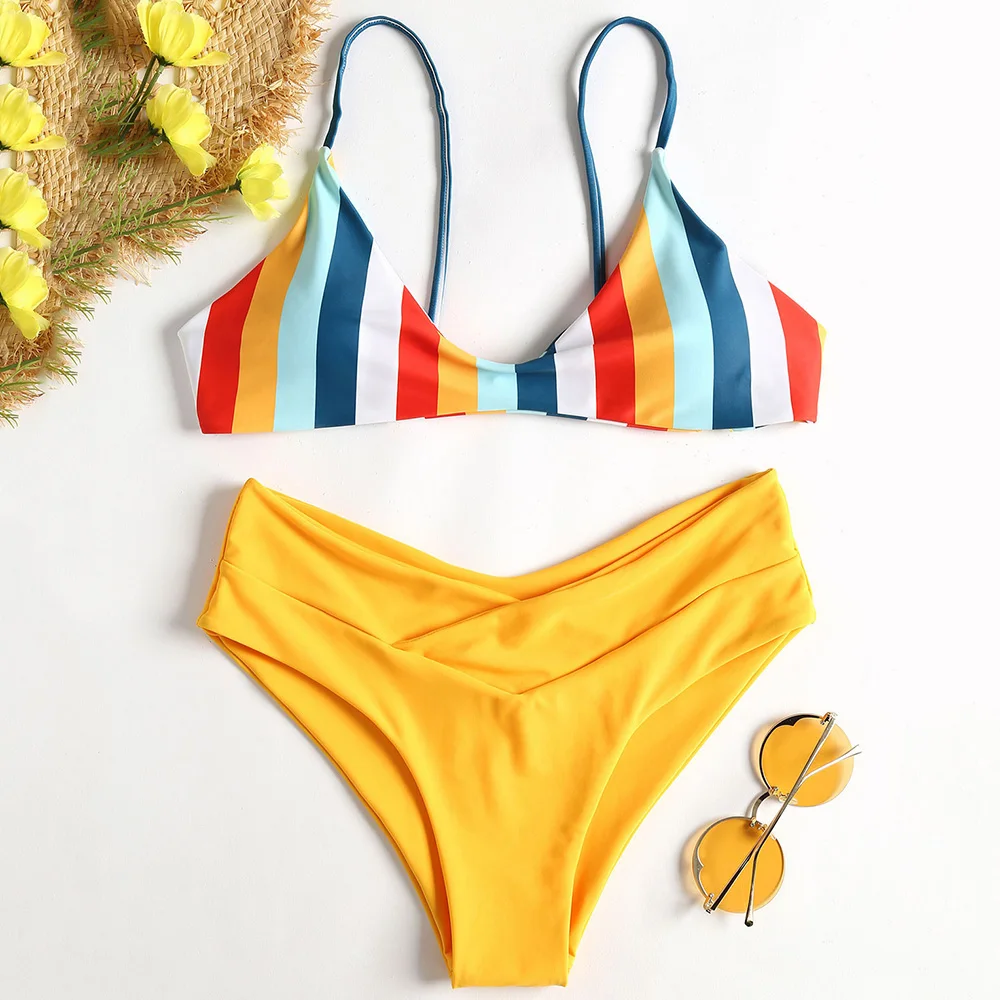 

2018 Striped High Cut Bikini Set Colorful Lovely Girl Swimwear Women Swimsuit Bandage Backless Bathing Suit Maillot De Bain