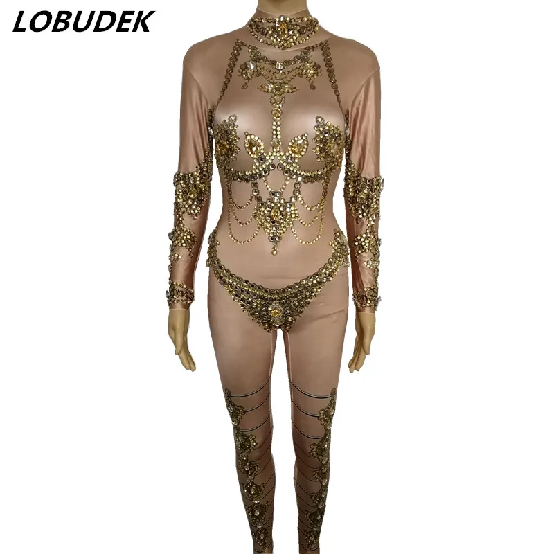 

Gold stones Crystals Sexy Strapless Costume Sparkly Crystal leotard jumpsuit Nightclub Singer dancer DJ show Party Bar show
