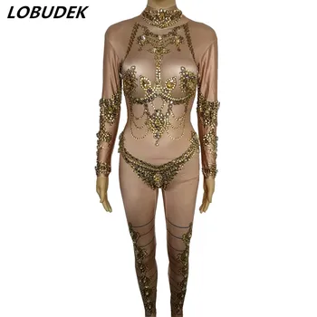 Gold stones Crystals Sexy Strapless Costume Sparkly Crystal leotard jumpsuit Nightclub Singer dancer DJ show Party Bar show yellow tiger pattern printed sexy jumpsuit skinny leggings rompers nigthclub singer dancer performance stage show nude costume