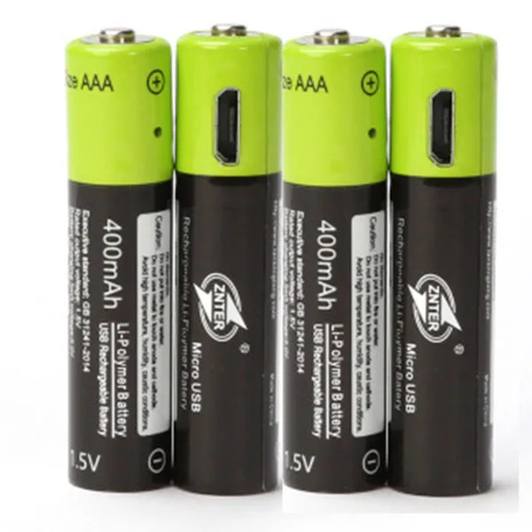 ZNTER AAA перезаряжаемая батарея 1,5 V 400mAh USB перезаряжаемая батарея универсальная литий-полимерная батарея с микро USB кабелем - Цвет: 4pcs without cable