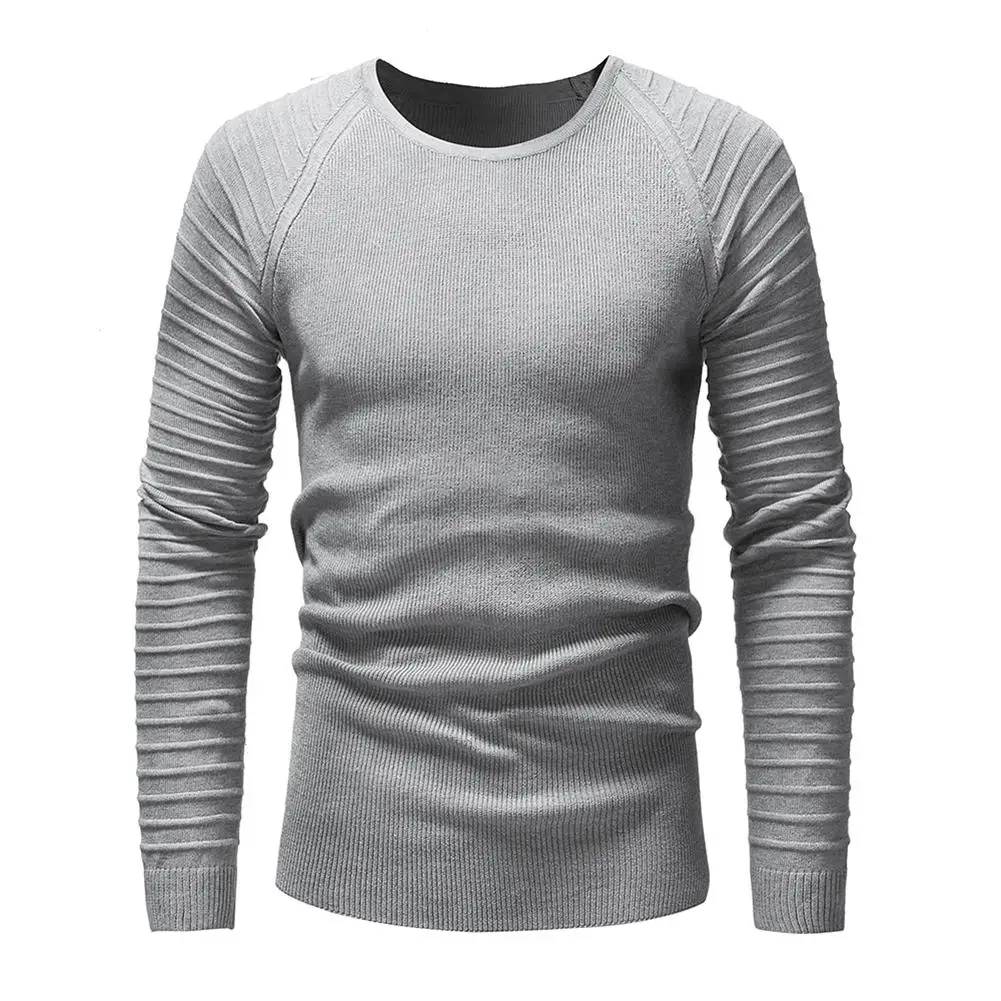Новый модный мужской однотонный приталенный теплый свитер с длинными рукавами и рюшами, хлопковый осенне-зимний пуловер с круглым вырезом