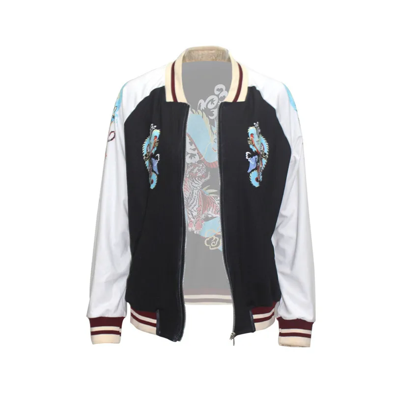 2018 Autumn Fashion Women Stand Collar Zipper Long Sleeve Basic Jacket Dragon Tiger Print Bomber Jackets Coats Streetwear