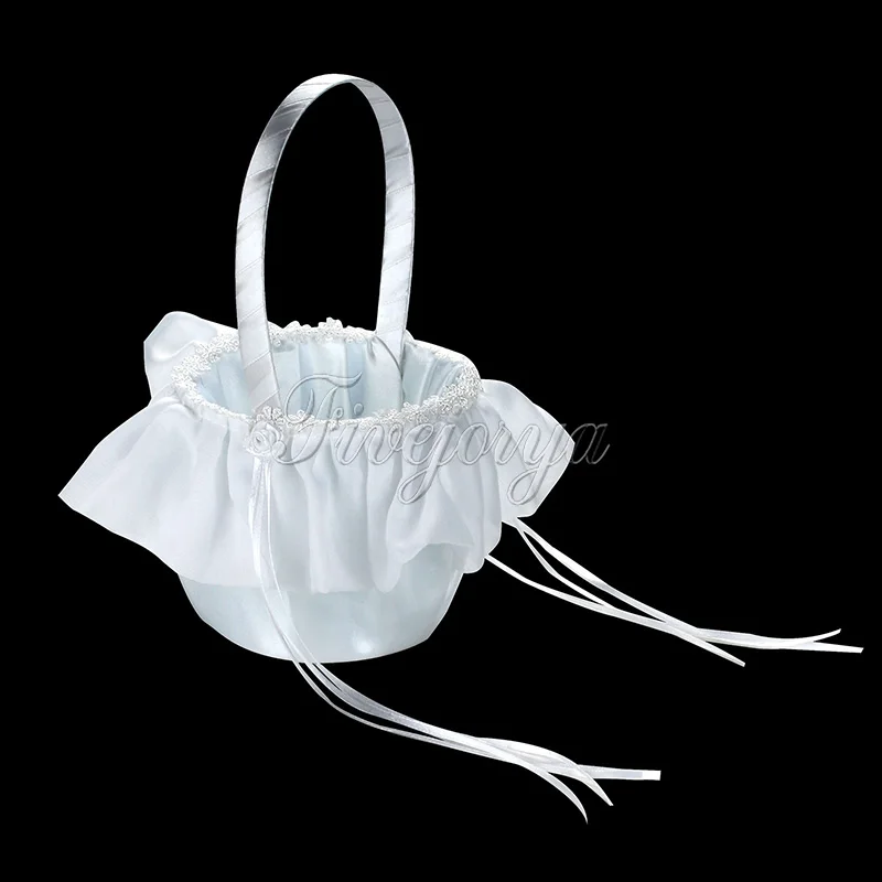 In Stock Beautiful White Wedding Basket With Satin Ribbon Lace Flowers
