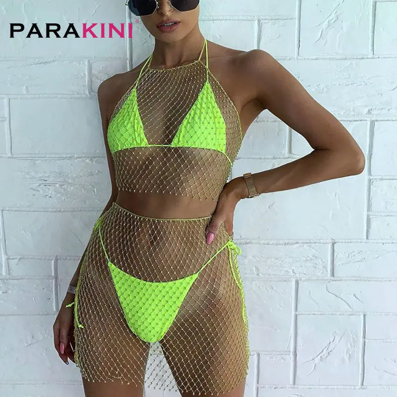 PARAKINI Sparkly Crystal Diamonds Bikini Beach Women Dress Beach Cover Up Dresses Fishnet Cropped Top Two Pieces Set Beach Dress