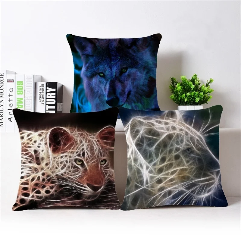 

3D Fluorescence Animal Cushion Cover Geometric Cotton Linen Pillow Case Leopard Wolf Tiger Cheetah Home Decorative Pillow Cover