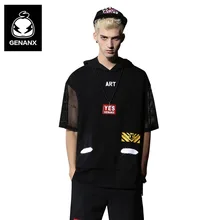

Genanx Brand High Street Print Hooded Half Sleeve Dropped Shoulder SleeveLoose Knited Youth Hip Hop T-shirt Men Size M-XXL