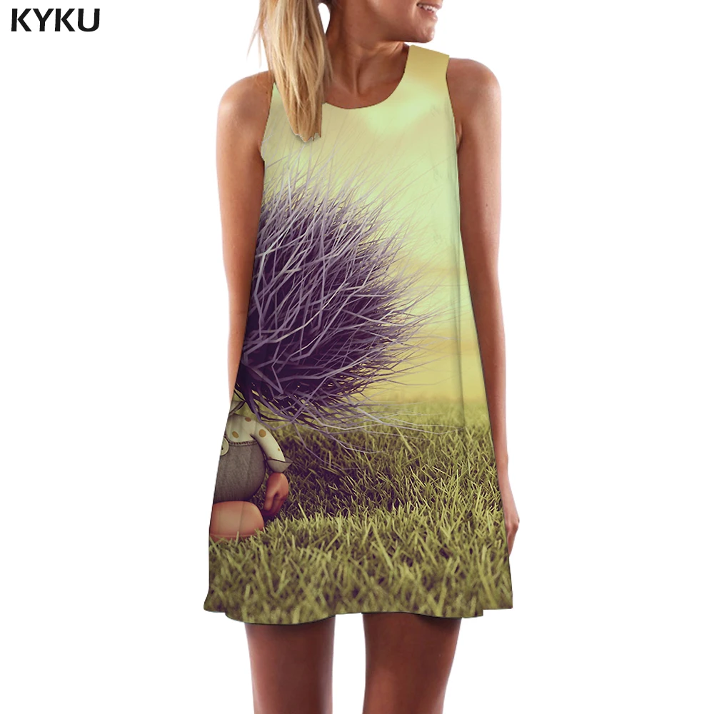 Бренд KYKU, Психоделическое платье для женщин, цветное пляжное искусство, женские платья, дерево, мини, Мультяшные, вечерние, женская одежда, Летняя женская одежда