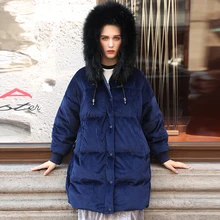 Женский пуховик с большим меховым воротником, высокое качество, утепленный бархатный женский пуховик средней длины, Синяя Женская парка