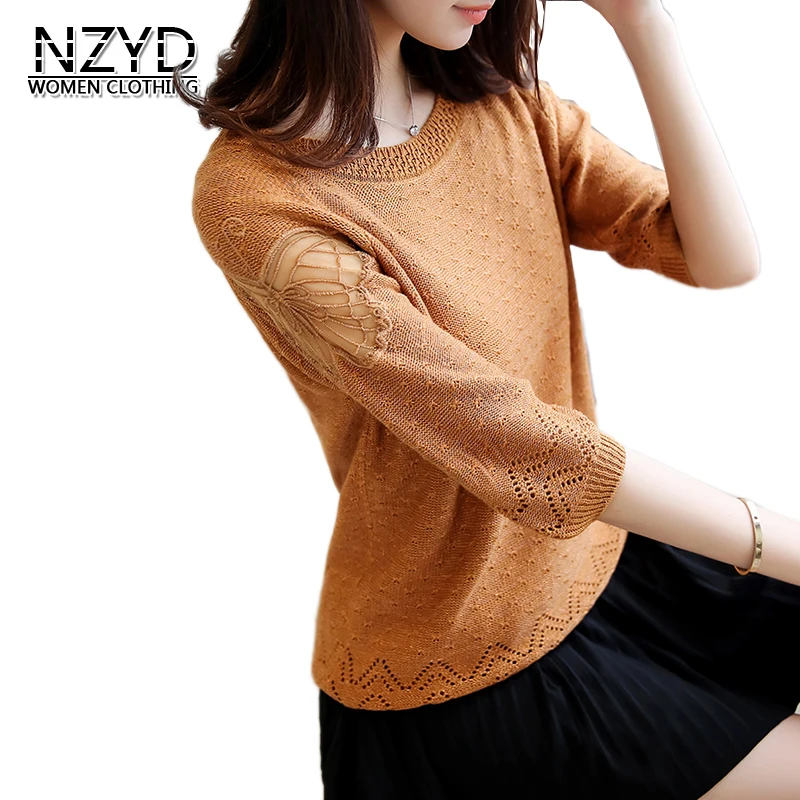 2018 Summer Women Tops New Style Fashion O-Neck Pullover Causual S-2XL Female Knitwear 7 Sleeve Bottoming Lace NZYD385 | Женская одежда