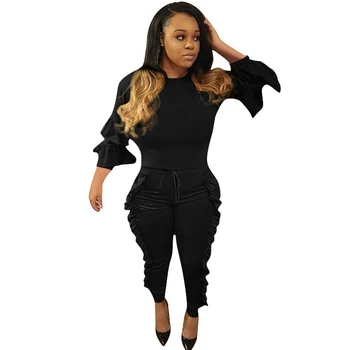 

New Women Jumpsuits Ruffles Long Sleeve Skinny Bodycon Jumpsuit Woman 2 Piece Set Casual Jumpsuits Autumn Winter