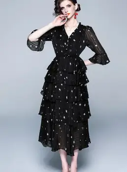 

Summer black V-neck super fairy knee dress multi-layer chiffon floral skirt cake dress femaleT3662